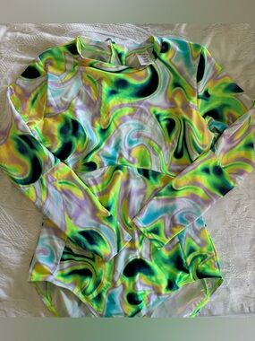Endless Waves XL Rash Guard Swim Suit One Piece Long Sleeve Neon Psychedelic
